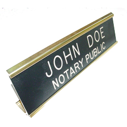 Missouri notary desk signs are an essential part of presenting a professional image in the modern day work environment. This elegant, brass metal desk sign engraved with your name and the wording 'Notary Public' on an acrylic plate will make a fine addition to your office. This sign can be customized with up to two lines. Please type in any special customization instructions in the instruction box at checkout.