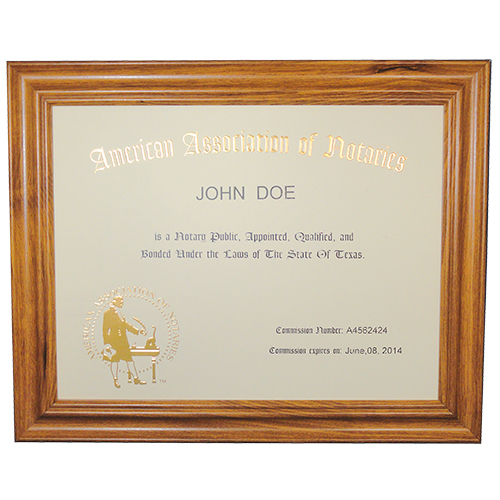 This Missouri notary commission frame is made of solid hardwood. Available in cherry, black, and walnut wood. The notary frame includes a gold embossed notary certificate, personalized with your notary name and your Missouri notary commission information. Proudly display your status as a commissioned Missouri notary public with our deluxe notary certificate frame. This certificate frame can be purchased by both non-members and members of the AAN.