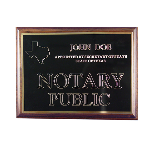 This Missouri notary deluxe wall sign is mounted on an attractive walnut plaque and engraved on a metal plate with gold lettering with your name, your state, and the wording 'Notary Public'. This sign makes a fine addition to any office.